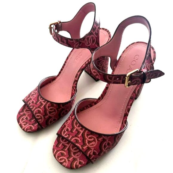Brand New Women's Pink Coach Logo-Printed Block Heel Sandals - Picture 2 of 10